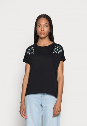 Anna Field Budget Mandala Ditsy Flower Shoulder Tee Print T-Shirt Dames Zwart | NL-4678039-CA