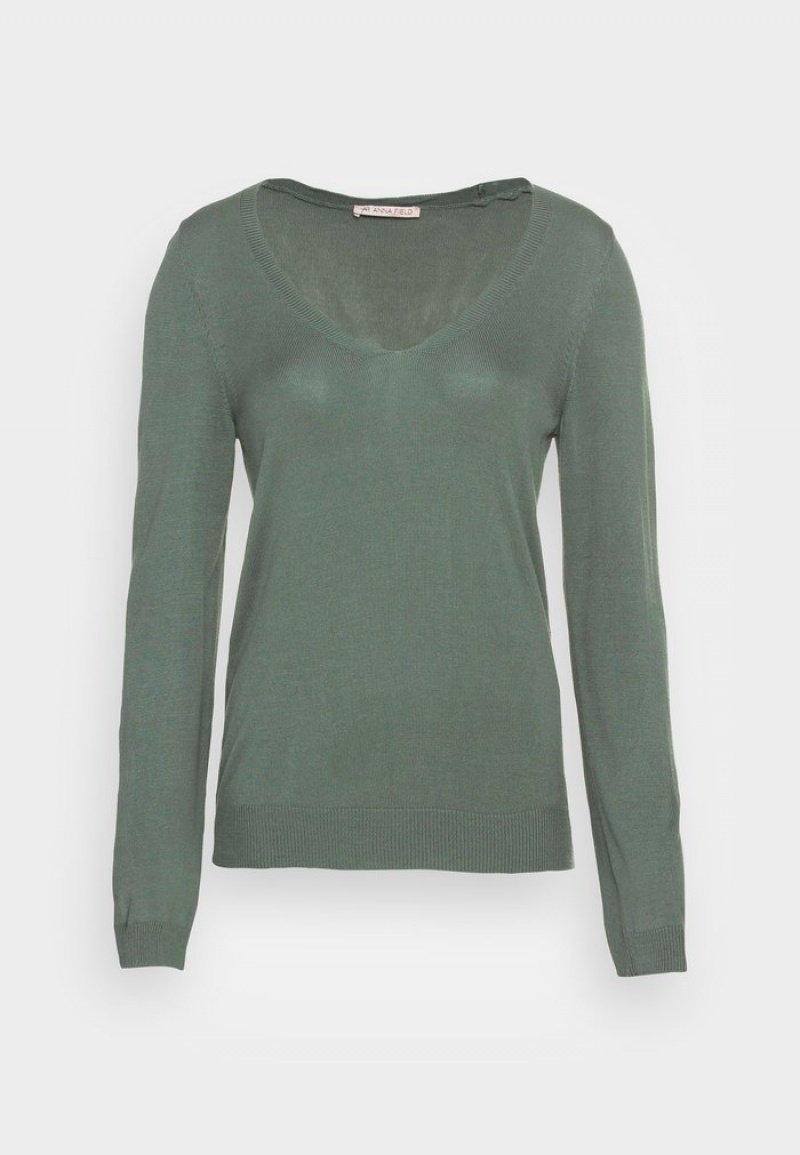 Anna Field Best Pirce Open V Neck Jumper Pullover Dames Groen | NL-8403619-HL