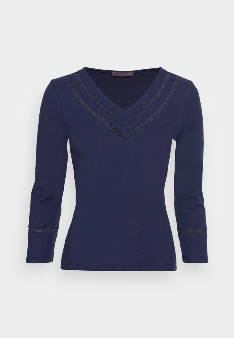 Anna Field Cheap V-Neck Tape Insert Sleeve Lange Mouwen Dames Donkerblauw | NL-3964025-LK