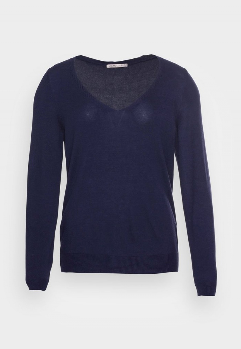 Anna Field Discount Open V Neck Jumper Pullover Dames Donkerblauw | NL-1578902-RH